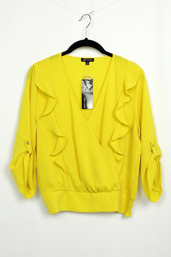 yellow v neck blouse